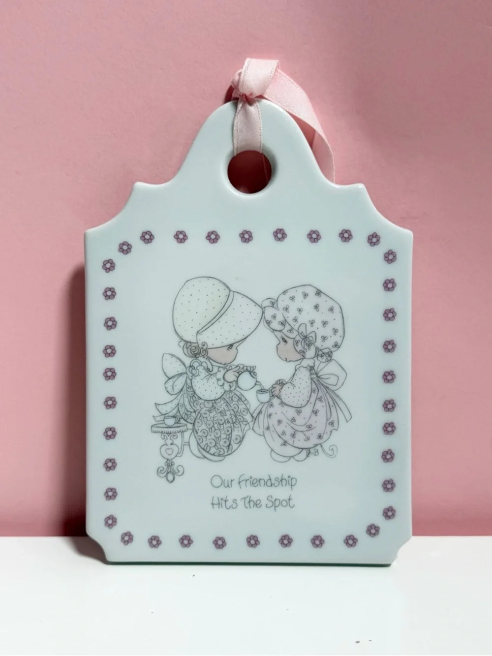 Vintage 80s pastel precious moments tea party wall art